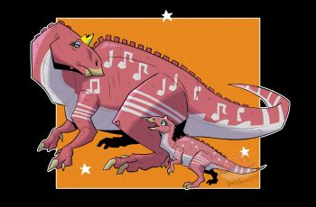 absurdres artist_logo black_background commentary dinosaur english_commentary fossil_fighters from_side highres logo looking_at_another maia_(fossil_fighters) maiasaura musical_note no_humans open_mouth orange_background snek_snack star_(symbol) tail two-tone_background vivosaur watermark