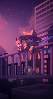 1girl 1other absurdres androgynous animal_ear_fluff animal_hat bandaged_paw bandages black_fur boots brown_boots brown_coat brown_eyes brown_hat building cat_hat child cloud coat colored_sclera commentary english_commentary forehead_jewel fox hand_on_own_chin hand_on_railing hat highres in-universe_location lace-up_boots ladder light_bulb long_sleeves looking_ahead medium_hair neck_fur niko_(oneshot) oneshot_(game) orange_fur orange_tail parted_lips pungsun purple_hair purple_scarf purple_sky railing rue_(oneshot) scarf sky sleeves_past_wrists standing star_(sky) urban white_fur window yellow_sclera