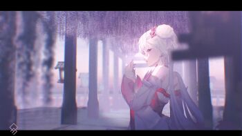 1girl absurdres artist_logo bare_shoulders blurry blurry_foreground braid braided_bun commentary depth_of_field detached_sleeves dress earrings english_commentary flower from_side hair_bun hair_flower hair_ornament hand_up highres jewelry jinhsi_(peach_blossom)_(wuthering_waves) jinhsi_(wuthering_waves) letterboxed logo long_hair multiple_torii official_alternate_costume outdoors parted_lips pink_flower qurami solo torii white_dress white_hair wuthering_waves