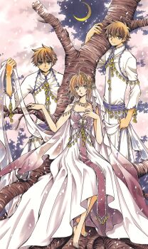 1girl 2boys absurdres barefoot brown_eyes brown_hair cherry_blossoms clamp dress dual_persona highres looking_at_viewer moon multiple_boys outdoors sakura_hime see-through_clothes short_hair tree tsubasa_chronicle xiaolang