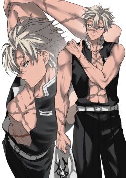 1boy absurdres belt black_pants closed_mouth demon_slayer_uniform grey_hair highres kimetsu_no_yaiba male_focus multiple_views pants profile purple_eyes scar scar_on_arm scar_on_face shinazugawa_sanemi short_hair simple_background sleeveless sleeveless_jacket solo spiked_hair standing toned toned_male urara0408 white_background white_belt