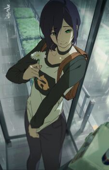 1girl absurdres black_choker black_pants black_shirt brown_bag chainsaw_man choker commentary english_commentary flower green_eyes highres holding holding_flower kuno_(runkunochan) pants phone_booth purple_hair rain reze_(chainsaw_man) shirt smile solo white_shirt