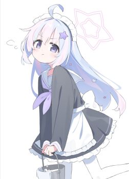 1girl ahoge alternate_costume apron black_dress blue_archive blue_hair blush bucket closed_mouth commentary_request dress enmaided feet_out_of_frame flying_sweatdrops frilled_apron frills hair_ornament halo highres holding holding_bucket long_hair long_sleeves looking_at_viewer maid maid_headdress multicolored_hair neckerchief pantyhose pink_hair pink_halo purple_eyes reisa_(blue_archive) sailor_collar simple_background solo star_(symbol) star_hair_ornament star_halo streaked_hair suta0822 two-tone_hair white_apron white_background white_pantyhose white_sailor_collar