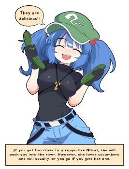 Rule 34 | absurdres, belt, black belt, black gloves, black shirt, blue hair, breasts, closed eyes, commentary, cucumber, english commentary, english text, gloves, green hat, hair bobbles, hair ornament, hat, highres, jewelry, kawashiro nitori, key, medium breasts, pants, ruihill, shirt, short hair, smile, touhou, twintails