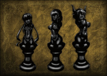 3girls :o absurdres amputee arched_back armless_amputee black_hair black_horns black_nipples black_sclera black_skin black_tongue bound bound_legs breasts breasts_apart chess_piece cleavage cleft_of_venus collarbone colored_eyelashes colored_nipples colored_sclera colored_skin colored_tongue completely_nude demon_girl demon_horns double_amputee fang flipped_hair floating_breasts groin half-closed_eye highres horns large_breasts legs_together linea_alba lips long_hair long_sidelocks low_twintails multiple_girls navel ningyoushi nipple_indents nipples no_areolae no_irises no_pupils nude objectification open_mouth original petrification planted_legs pointy_ears pupiless_eyes pussy shiny_skin short_hair sidelocks small_breasts solid_eyes statue tiara toned toned_female tongue transformation twintails uneven_eyes variant_set very_long_hair yellow_background