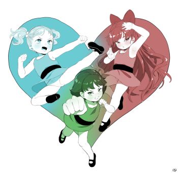3girls angry bandaid bandaid_on_face bandaid_on_nose black_shoes blossom_(ppg) blue_dress blue_eyes blue_hair blush born-to-die bow bubbles_(ppg) buttercup_(ppg) cartoon_network clenched_teeth collarbone dress flat_chest flying_kick green_dress green_eyes green_hair hair_bobbles hair_bow hair_ornament heart highres jumping kicking loli long_hair looking_at_viewer mary_janes multiple_girls open_mouth panties parted_lips pink_dress powerpuff_girls punching red_bow red_eyes red_hair shoes short_hair sleeveless sleeveless_dress standing teeth twintails underwear white_background white_panties wind wind_lift