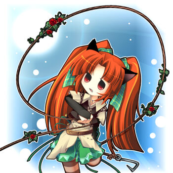 1girl 2000s_(style) animal_ears black_bridal_gauntlets black_vest blue_background bow bridal_gauntlets brown_pantyhose brown_shirt cat_ears cat_girl collared_shirt commentary_request flower foot_out_of_frame fringe_trim grappling_hook green_bow green_skirt hair_bow holding holding_weapon hook long_hair looking_at_viewer lowres open_mouth orange_hair original pantyhose plaid_bow red_eyes red_flower red_rose rose shii_(ceray) shirt short_sleeves skirt solo standing standing_on_one_leg striped_clothes striped_pantyhose twintails vest weapon