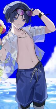 1boy alternate_costume alternate_hairstyle black_hair blue_sky blue_swim_trunks blunt_ends cloud cloudy_sky collarbone collared_shirt colored_inner_hair contemporary drawstring eyeliner eyeshadow eyewear_on_head floral_print_shirt genshin_impact grey_hair hair_intakes hair_pulled_back hands_up highres holding holding_toy holding_water_gun makeup male_focus male_swimwear multicolored_hair navel ocean open_clothes open_mouth open_shirt outdoors ponytail purple-tinted_eyewear purple_eyes red_eyeliner red_eyeshadow ripples rtms scaramouche_(genshin_impact) see-through_clothes see-through_shirt see-through_sleeves shirt short_ponytail short_sleeves sky solo sunglasses sweat swim_trunks tinted_eyewear toy wading water_gun wet wet_clothes white_mouth white_shirt white_sleeves wispy_bangs wristband