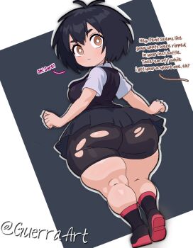 1girl arms_at_sides artist_name ass ass_focus bike_shorts black_background black_hair black_shoes black_shorts black_sweater blue_skirt breasts brown_eyes closed_mouth dot_nose english_text expressionless eyebrows eyelashes female_focus from_behind guerraart huge_ass kyojiri_loli loli looking_at_viewer looking_back marvel peni_parker red_shoes red_socks shirt shoes short_hair short_sleeves shorts simple_background skirt sleeveless sleeveless_sweater small_breasts sneakers socks solo spider-man_(series) spider-verse standing sweater thick_thighs thighs torn_clothes torn_shorts two-tone_background two-tone_socks white_background white_shirt