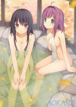 2girls ahoge ao_no_kanata_no_four_rhythm barefoot black_hair blush breasts cleavage closed_mouth collarbone commentary completely_nude convenient_censoring copyright_name cropped english_commentary green_eyes groin hair_intakes hand_up hands_on_own_knees holding holding_towel ichinose_rika large_breasts leaf long_hair long_sidelocks looking_at_viewer medium_breasts medium_hair multiple_girls navel nude official_art onsen partially_submerged purple_eyes purple_hair same-sex_bathing second-party_source shared_bathing sidelocks sitting smile suzumori thighs tobisawa_misaki towel very_long_hair very_long_sidelocks water