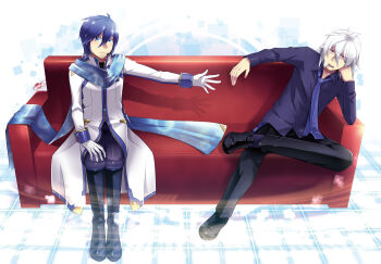 2boys ahoge aqua_eyes aqua_hair arm_support blue_eyes blue_hair blue_scarf boots caffein cigarette collarbone couch fish full_body gloves head_rest headphones highres honne_dell kaito_(vocaloid) kaito_(vocaloid3) long_sleeves looking_at_viewer male_focus multiple_boys necktie on_couch outstretched_arm ponytail red_eyes scarf short_hair silver_hair sitting smoking square-end_necktie vocaloid white_gloves