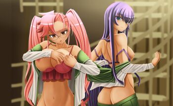 2girls annoyed ass bare_shoulders blurry blurry_background bra bra_pull breasts brown_eyes busujima_saeko closed_mouth clothes_pull collarbone cowboy_shot female_focus from_behind glasses green_shirt green_skirt highschool_of_the_dead huge_breasts indoors long_hair long_sleeves looking_at_another looking_at_breasts looking_back looking_down medium_breasts multiple_girls navel nipples no_panties open_clothes open_mouth open_shirt pink_bra purple_bra purple_hair raufe shirt sidelocks skirt skirt_pull straight_hair takagi_saya turning_head twintails two-tone_shirt underwear undressing upper_body