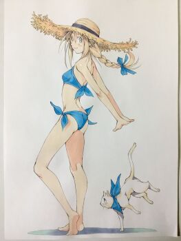 1girl animal arms_behind_back ass bandana bandana_around_neck bare_arms bare_legs bare_shoulders barefoot bikini blonde_hair blue_bandana blue_bikini blue_bow blue_eyes bow braid breasts cat closed_mouth clothed_animal commentary from_behind full_body hair_bow hat heel_up highres long_hair looking_at_viewer looking_to_the_side original own_hands_together peter_salt side-tie_bikini_bottom single_braid small_breasts smile solo standing straw_hat swimsuit thighs traditional_media turning_head white_background white_cat