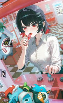 1girl absurdres arcade avocaboo_(zenless_zone_zero) bagboo_(zenless_zone_zero) bangboo_(zenless_zone_zero) black_hair blue_skirt breasts candy collared_shirt colored_inner_hair commentary crane_game ellen_joe eous_(zenless_zone_zero) food hammi highres holding holding_candy holding_food holding_lollipop lollipop medium_breasts mole mole_under_eye multicolored_hair open_mouth partially_unbuttoned pleated_skirt red_eyes red_hair red_nails school_uniform shark_girl sharkboo_(zenless_zone_zero) sharp_teeth shirt short_hair skirt sleeves_rolled_up stuffed_animal stuffed_shark stuffed_toy sumoboo_(zenless_zone_zero) teeth white_shirt zenless_zone_zero