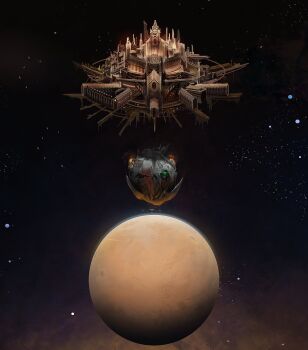 alien architecture armor artificial_eye attack_moon_(wh40k) building castle city cityscape commentary english_commentary fangs fire floating_castle floating_city floating_island fortress glowing glowing_eye glowing_windows gothic_architecture green_eyes highres imperial_fists imperium_of_man mechanical_eye megastructure military_vehicle moon navis_imperialis no_humans one-eyed orc ork_(warhammer) phalanx_(warhammer_40k) planet scenery science_fiction skull sky space space_station spacecraft spire star_(sky) starry_sky thefearmaster tower tusks warhammer_40k