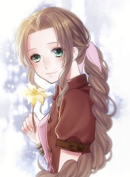 1girl aerith_gainsborough bracelet braid breasts brown_hair commentary_request final_fantasy final_fantasy_vii flower from_side green_eyes hachiya_nanao highres holding holding_flower jacket jewelry long_hair looking_at_viewer medium_breasts red_jacket sidelocks single_braid smile solo tulip very_long_hair