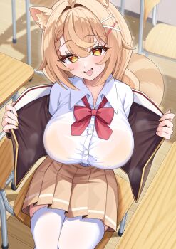 1girl absurdres animal_ear_fluff animal_ears bow bowtie bra bra_visible_through_clothes breasts chair collared_shirt commentary_request desk elegant_(sumisumi4268) eyelashes fingernails floor from_above hair_between_eyes hair_ornament highres indoors jacket large_breasts looking_at_viewer medium_hair on_chair open_clothes open_jacket open_mouth original pleated_skirt red_bow red_bowtie school_chair school_desk school_uniform see-through_clothes see-through_shirt shirt sitting skirt solo squirrel_ears squirrel_tail tail thighhighs underwear white_thighhighs wooden_floor yellow_bra yellow_eyes