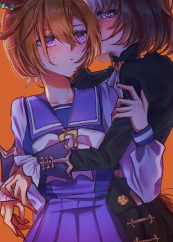 2girls absurdres ascot black_shirt blush brown_hair highres hug hug_from_behind meisho_doto_(umamusume) multiple_girls orange_background orange_hair parted_lips pleated_skirt purple_eyes purple_shirt purple_skirt school_uniform shirt short_hair skirt t.m._opera_o_(umamusume) tadano_(user_cjgh7223) tracen_school_uniform umamusume white_ascot yuri