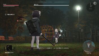 2girls analog_clock backpack bag bench black_hair blonde_hair button_prompt clock drone fake_screenshot gameplay_mechanics hair_ribbon heads-up_display health_bar heterochromia highres holding holding_lead_pipe inugami_hinori_(lost_property_control_organization) jungle_gym lamppost lead_pipe lost_property_control_organization_(samidare) minimap moon multiple_girls night outdoors playground protagonist_(lost_property_control_organization) revision ribbon robot samidare_(hoshi) sky subtitled t-6407j_(samidare) translated tree user_interface weapon white_ribbon