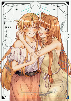 2girls :d ;d abstract_background absurdres alternate_costume animal_ears arms_around_neck asuna_(sao) bare_shoulders belt black_background black_belt blunt_bangs blush breasts brown_hair casual collarbone commentary commission cowboy_shot crossover dress english_commentary eyelashes grin groin hair_between_eyes hands_up highres holding_another&#039;s_arm hug inset_border long_hair looking_at_viewer medium_breasts metal_hair_tubes multiple_girls no_tail official_alternate_costume one_eye_closed open_mouth pink_eyes pink_skirt raccoon_ears raccoon_girl raphtalia ribbon rizqyan_3 shirt skirt smile straight-on straight_hair sword_art_online tate_no_yuusha_no_nariagari teeth tongue upper_teeth_only vgen_commission vgen_logo waist_ribbon watermark white_background white_ribbon white_shirt yellow_dress yellow_eyes