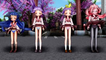 3d 4girls blue_hair blue_panties blush brown_footwear brown_legwear closed_eyes glasses hairband highres hiiragi_kagami hiiragi_tsukasa izumi_konata kneehighs long_hair lucky_star multiple_girls panties pantyhose pantyshot pink_hair pink_panties pleated_skirt purple_hair red_skirt ribbon-trimmed_panties ribbon_trim school_uniform see-through_clothes see-through_legwear serafuku shadow shoes short_hair skirt smile socks striped_clothes striped_panties takara_miyuki twintails underwear uwabaki very_long_hair white_legwear wind wind_lift