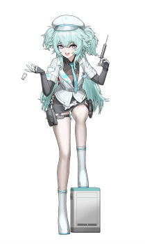 absurdres ammunition_pouch aqua_hair aqua_necktie blazer blue_eyes breasts cheogtanbyeong florence_(girls&#039;_frontline_2) girls&#039;_frontline girls&#039;_frontline_2:_exilium grey_shirt gun handgun hat heart heart-shaped_pupils highres jacket long_hair looking_to_the_side necktie open_mouth pa-15_(girls&#039;_frontline) pantyhose peaked_cap pouch shirt skindentation small_breasts symbol-shaped_pupils syringe teeth thigh_strap twintails upper_teeth_only very_long_hair weapon white_pantyhose