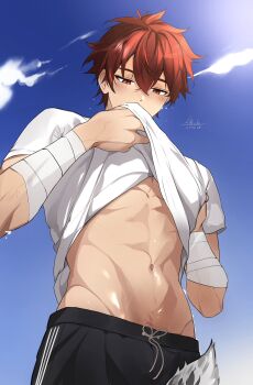 1boy alticute alticute_(vtuber) bandaged_arm bandages black_pants clothes_lift cloud cloudy_sky hair_between_eyes highres indie_virtual_youtuber male_focus navel open_clothes open_shirt pants red_eyes red_hair shirt shirt_lift short_hair sky solo stomach virtual_youtuber white_shirt