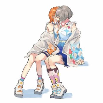 2girls blue_dress commentary dress gradient_clothes gradient_dress grey_hair headphones headphones_around_neck invisible_chair jacket k-nit kiss long_hair love_live! love_live!_superstar!! multiple_girls orange_hair pink_socks purple_streaks shibuya_kanon shoes simple_background sitting socks tang_keke white_background white_dress white_jacket white_shoes yuri