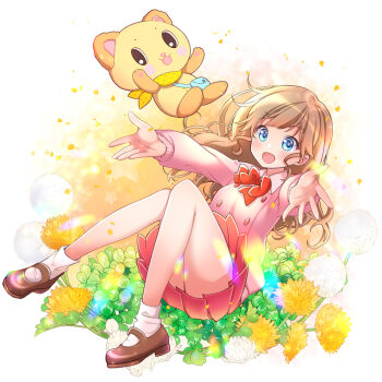 1girl :o black_shoes blue_eyes bow bowtie brown_hair cardigan commentary_request dandelion duplicate flower full_body happy hinata_yume kamata_kimie kawanobe long_sleeves mary_janes mewkledreamy pink_cardigan pink_shirt pixel-perfect_duplicate pleated_skirt red_bow red_bowtie red_skirt school_uniform shirt shoes sitting skirt smile socks spring_(season) stuffed_toy white_socks