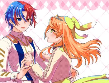 1boy 1girl black_bow black_bowtie blue_eyes blue_hair bow bowtie couple crossed_bangs etie_(fire_emblem) fire_emblem fire_emblem_engage gem green_bow green_eyes hair_between_eyes hair_bow hetero heterochromia highres long_hair looking_at_another male_alear_(fire_emblem) mu_tu_bu multicolored_hair nintendo orange_gemstone orange_hair prince red_eyes red_hair split-color_hair swept_bangs tiara two-tone_hair