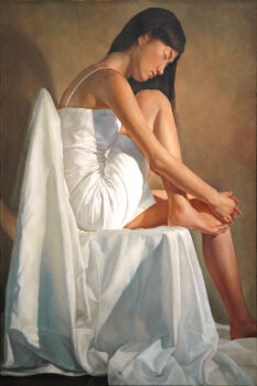 1girl asian barefoot black_hair chair closed_eyes closed_mouth commentary_request dress feet from_side full_body highres kaworu_(pixiv2055) knee_up leg_up long_hair oil_painting_(medium) on_chair original painting_(medium) photorealistic realistic short_dress sitting sleeveless sleeveless_dress solo spaghetti_strap straight_hair traditional_media white_dress