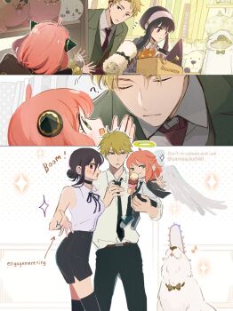 1boy 2girls ? adjusting_clothes adjusting_necktie ahoge angel_devil_(chainsaw_man) angel_devil_(chainsaw_man)_(cosplay) angel_wings anya_(spy_x_family) backpack bag black_bow black_bowtie black_choker black_dress black_hair black_necktie black_pants black_ribbon black_shorts black_suit black_thighhighs blonde_hair blush bond_(spy_x_family) bow bowtie breasts chainsaw_man chiikawa chiikawa_(character) child choker closed_eyes collared_shirt cosplay cowboy_shot denji_(chainsaw_man) denji_(chainsaw_man)_(cosplay) dog dress earrings eden_academy_school_uniform food food_on_face formal_clothes gold_earrings gold_trim green_eyes green_jacket hair_between_eyes hair_bun hairband hairpods halloween halo highres holding holding_ice_cream_cone ice_cream_cone jacket jewelry long_hair medium_breasts medium_hair multiple_girls musical_note neck_ribbon necktie pants parted_bangs parted_lips pink_hair pochita_(chainsaw_man) pochita_(chainsaw_man)_(cosplay) red_eyes red_necktie reze_(chainsaw_man) reze_(chainsaw_man)_(cosplay) ribbon ring school_uniform shirt shoes short_hair shorts sidelocks sleeveless sleeveless_shirt sneakers sparkle spy_x_family stuffed_animal stuffed_toy suit suit_jacket thighhighs twilight_(spy_x_family) twitter_username vest waistcoat waving_arm whispering_in_ear white_hairband white_shirt wings yamasuke040 yor_briar