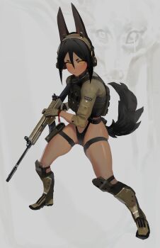 1girl absurdres animal_ears armored_boots black_hair boots bulletproof_vest cameltoe commentary ear_protection english_commentary extra_ears gun hair_between_eyes highres holding holding_gun holding_weapon holster jackal looking_at_viewer military_uniform mouthpiece original panties polilla pouch rifle short_eyebrows skindentation tail thigh_holster underwear weapon white_background wristband yellow_eyes