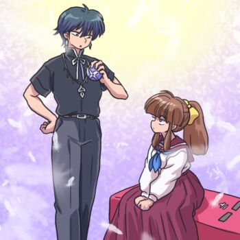 Rule 34 | 2boys, black hair, black shirt, bow, creator connection, crossover, earrings, feathers, hair bow, hime cut, jewelry, juumonji tsubasa, kurenai tsubasa, kyoukai no rinne, long skirt, mailbox (incoming mail), multiple boys, name connection, ponytail, ranma 1/2, school uniform, shirt, sitting, skirt, trap, wanta (futoshi)