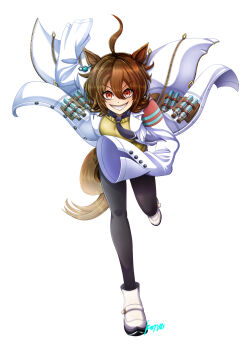 1girl absurdres agnes_tachyon_(tach-nology)_(umamusume) agnes_tachyon_(umamusume) ahoge animal_ears black_necktie black_pantyhose blush boots breasts brown_hair chemical_structure coat commentary_request cork earrings full_body grin hair_between_eyes highres horse_ears horse_girl horse_tail jewelry konsu_(konsu1182da) lab_coat long_sleeves looking_at_viewer medium_breasts medium_hair necktie open_mouth pantyhose red_eyes shirt short_necktie simple_background single_earring sleeves_past_fingers sleeves_past_wrists smile solo sweater sweater_vest tail teeth test_tube umamusume white_background white_boots white_coat wolf_cut yellow_sweater yellow_sweater_vest