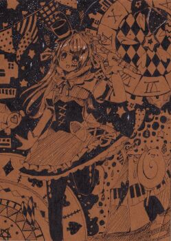 1girl aliceeesan circus circus_(studio) commentary_request diamond_print hat highres mini_hat mini_top_hat original sepia skirt top_hat