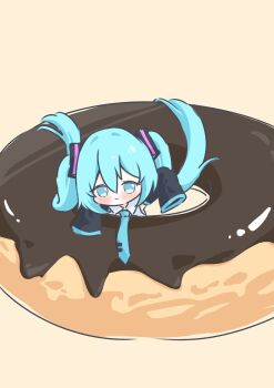 1girl absurdres aqua_hair chibi chibi_only cott_(cott_5) donut food hatsune_miku highres in_food long_hair long_sleeves looking_at_viewer mini_person minigirl necktie sleeves_past_fingers sleeves_past_wrists solo twintails very_long_hair vocaloid