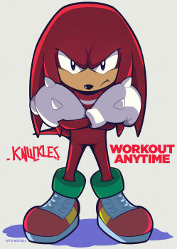 1boy absurdres character_name closed_mouth commentary crossed_arms english_commentary english_text full_body furrowed_brow furry furry_male gloves grey_background highres knuckles_the_echidna looking_at_viewer male_focus pout red_shoes shoes simple_background solo sonic_(series) standing white_gloves woofzilla