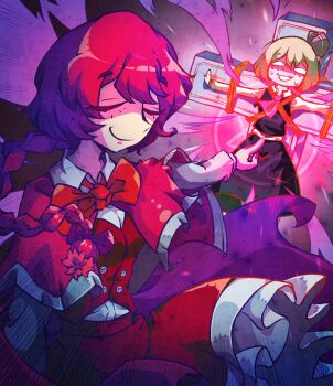 Rule 34 | 2girls, black skirt, black vest, blank eyes, blonde hair, bow, bowtie, braid, braided ponytail, buttons, cape, capelet, closed eyes, collared shirt, cross, crucifixion, frilled skirt, frills, hair bow, hair ribbon, highres, long sleeves, multiple girls, okazaki yumemi, pentagram, red bow, red bowtie, red capelet, red hair, red ribbon, red skirt, red vest, ribbon, rumia, scared, shirt, skirt, sweatdrop, tantalbo, touhou, touhou (pc-98), vest, white shirt, white trim