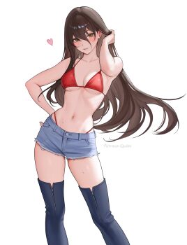 Rule 34 | 1girl, absurdres, bare shoulders, black bra, black panties, boots, bra, breasts, brown eyes, brown hair, collarbone, denim, denim shorts, heart, highleg, highleg panties, highres, looking at viewer, medium breasts, navel, one side up, open mouth, original, panties, quilm, shorts, skindentation, solo, standing, stomach, teeth, thigh boots, thighhighs, underboob, underwear, white background, zettai ryouiki