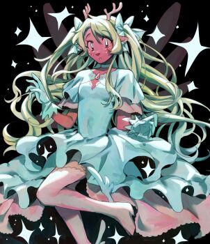 1girl antlers blonde_hair boots bow choker commentary cosplay deer_antlers deer_girl deltarune dress english_commentary furry furry_female gloves goomyloid hair_bow highres horns kaname_madoka kaname_madoka_(cosplay) long_hair mahou_shoujo_madoka_magica multiple_hair_bows noelle_holiday short_sleeves solo thigh_boots two_side_up ultimate_madoka ultimate_madoka_(cosplay) utdr_(toby_fox) very_long_hair white_boots white_bow white_choker white_dress white_gloves