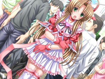 1girl :o blush brown_hair choker dress dutch_angle frills game_cg gloves green_eyes higuchi_isami kusunoki_sae long_hair magical_girl mahou_shoujo_sae multiple_boys non-web_source official_art open_mouth ribbon solo_focus surprised thighhighs variant_set zettai_ryouiki