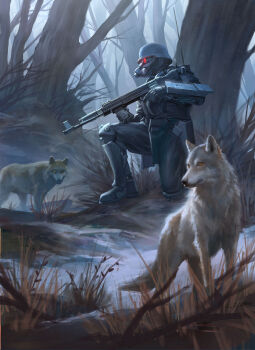 absurdres antennae breathing_tube eriopsis forest gas_mask glowing glowing_eyes gun helmet highres jin-roh kerberos_saga machine_gun mask mg42 nature on_one_knee protect_gear snow soldier weapon wolf