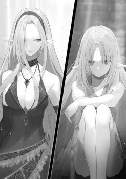 2girls beatrix_(kagejitsu) blurry blurry_background breasts choker cleavage closed_mouth collarbone crossed_arms dress elbow_gloves evening_gown frown gloves greyscale hair_over_one_eye hairband highres jewelry kage_no_jitsuryokusha_ni_naritakute! large_breasts light_particles long_hair medium_breasts miniskirt monochrome multiple_girls necklace novel_illustration official_art olivier_(kagejitsu) parted_bangs pointy_ears skirt sleeveless sleeveless_dress split_screen standing touzai very_long_hair