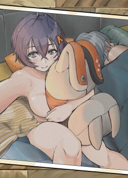 1boy 1girl 1other absurdres armpits bangboo_(zenless_zone_zero) bed belle_(zenless_zone_zero) blanket blue_eyes breasts brother_and_sister comiket_105 commentary_request completely_nude eous_(zenless_zone_zero) gasu_forgiven grey_hair highres hug implied_incest looking_at_viewer medium_breasts nude on_bed orange_scarf pillow scarf selfie siblings sleeping smile wise_(zenless_zone_zero) zenless_zone_zero