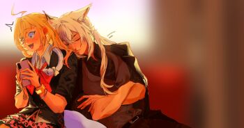 Rule 34 | 1boy, 1girl, ahoge, animal ear fluff, animal ears, black jacket, blonde hair, bracelet, brown vest, cat boy, cat ears, cellphone charm, chalky (zenless zone zero), charm (object), cissia (zenless zone zero), closed eyes, commentary, crossed arms, crossed bangs, hair between eyes, highres, holding, holding phone, jacket, jacket on shoulders, jewelry, leaning on person, long hair, motion lines, open mouth, phone, potatoblins, red eyes, severian lowell, shirt, snake, snake girl, snake tail, sweat, tail, vest, white hair, white shirt, white snake, zenless zone zero