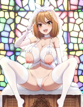 1girl :d akai_(riaakai) atelier_(series) atelier_ryza bra breasts bridal_veil brown_eyes brown_hair cupless_bra highres large_breasts looking_at_viewer medium_hair nipples open_mouth panties reisalin_stout sitting smile solo stained_glass thighhighs underwear v veil white_bra white_panties white_thighhighs