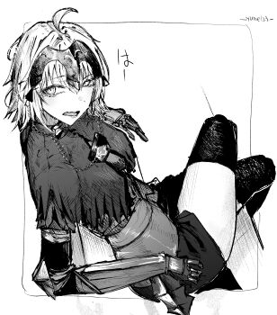 1girl absurdres ahoge armor artist_name capelet chain commentary crossed_legs fate/grand_order fate_(series) from_above gauntlets greyscale headpiece highres jeanne_d'arc_alter_(avenger)_(fate) jeanne_d'arc_alter_(fate) looking_at_viewer monochrome open_mouth plackart sakana_(whhy8883) short_hair solo thighhighs