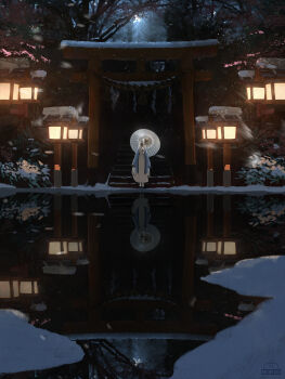 Rule 34 | 1girl, absurdres, architecture, artist logo, artist name, blue archive, blue haori, commentary request, east asian architecture, halo, haori, highres, holding, holding umbrella, japanese clothes, lantern, logo, long hair, long skirt, nagusa (blue archive), night, norio (norio386), oil-paper umbrella, outdoors, reflection, reflective liquid, scenery, school uniform, serafuku, skirt, snow, snowflake halo, snowing, solo, stairs, torii, tree, umbrella, umbrella over shoulder, very long hair, water, white hair, white halo, white serafuku, white skirt, white umbrella, wooden lantern