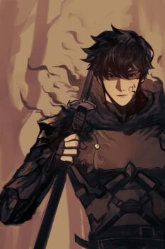 1boy absurdres armor black_eyes black_hair commentary english_commentary fur_collar highres holding holding_sword holding_weapon logicsterrr looking_at_viewer male_focus partially_shaded_face serious shadow_slave short_hair shoulder_armor smoke solo sunny_(shadow_slave) sword upper_body weapon